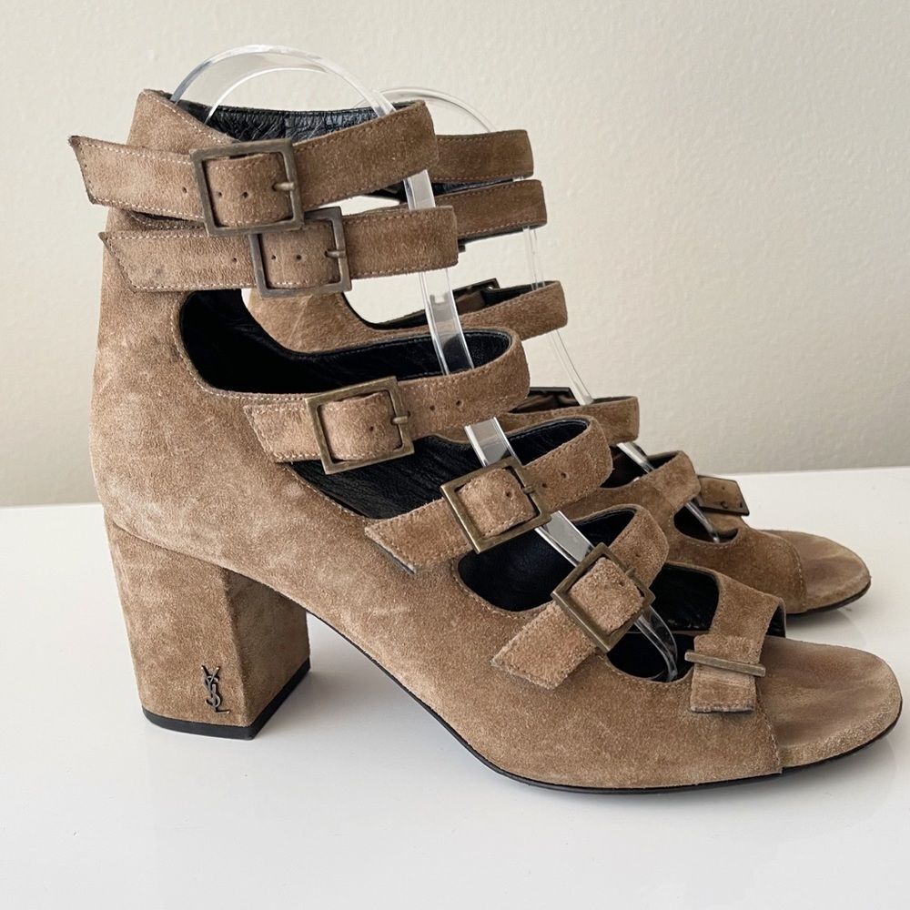 YSL Woman's Multi-strap heel Sandals Suede natural 6.5 - Picture 3 of 11